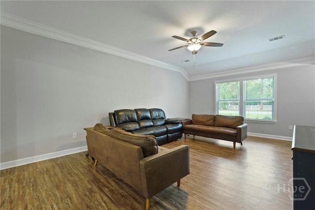 1175 Ralph Rahn Rd, Rincon, GA 31326 - living area with crown molding, a ceiling fan, and wood finished floors