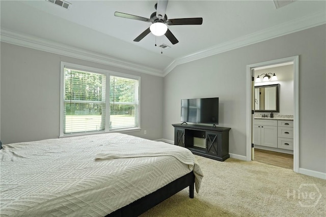 1175 Ralph Rahn Rd, Rincon, GA 31326 - bedroom featuring ornamental molding, light carpet, ensuite bath, and a ceiling fan
