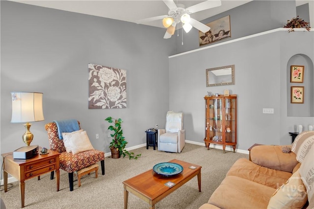 63 Stonelake Cir, Savannah, GA 31419 - carpeted living area featuring a ceiling fan and a towering ceiling