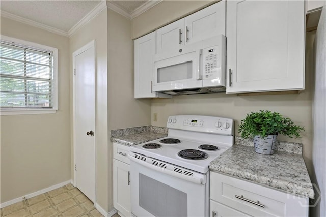 429 Edgewater Rd, Savannah, GA 31406 - kitchen featuring white appliances, white cabinetry, crown molding, and light flooring