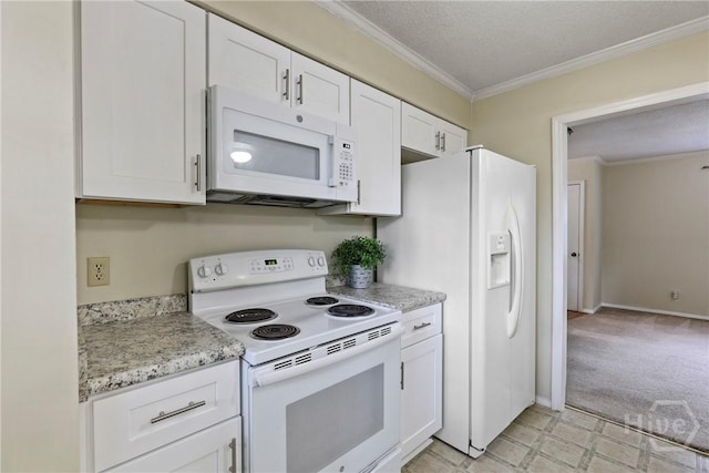 429 Edgewater Rd, Savannah, GA 31406 - kitchen with white appliances, ornamental molding, white cabinets, light carpet, and light stone countertops