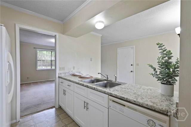 429 Edgewater Rd, Savannah, GA 31406 - kitchen featuring white appliances, white cabinets, light flooring, a textured ceiling, and crown molding