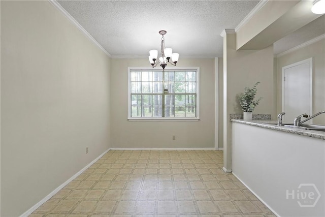 429 Edgewater Rd, Savannah, GA 31406 - unfurnished dining area featuring a chandelier, ornamental molding, a textured ceiling, and light floors