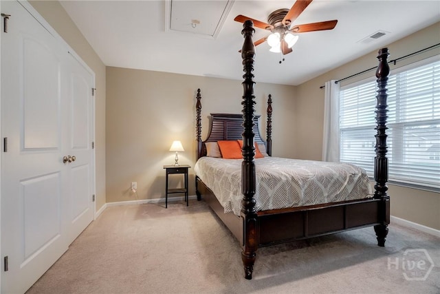 55 Glen Way, Richmond Hill, GA 31324 - carpeted bedroom with a ceiling fan and attic access