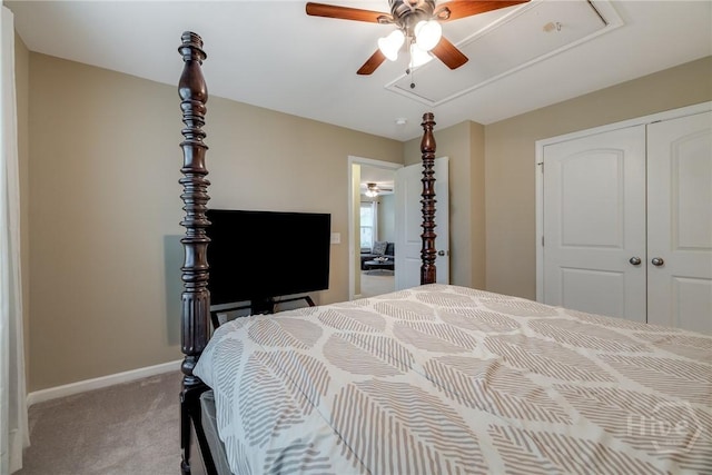 55 Glen Way, Richmond Hill, GA 31324 - bedroom featuring attic access, carpet, a closet, and a ceiling fan