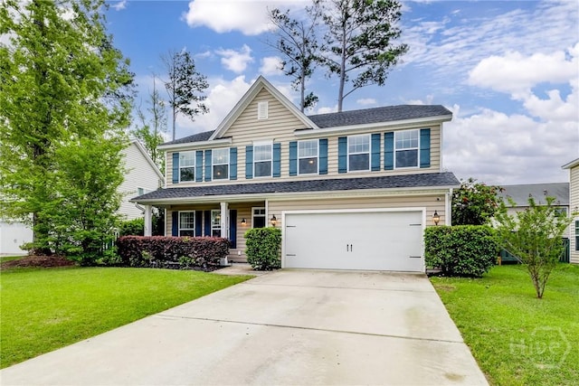 55 Glen Way, Richmond Hill, GA 31324 - traditional-style home with a front lawn, a garage, concrete driveway, covered porch, and roof with shingles