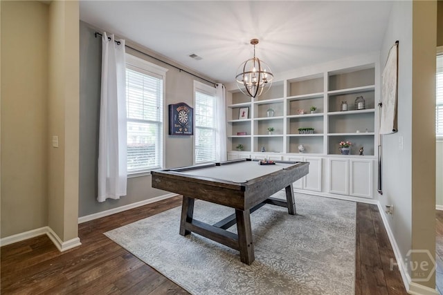 55 Glen Way, Richmond Hill, GA 31324 - rec room with dark wood-style floors, billiards, and a chandelier