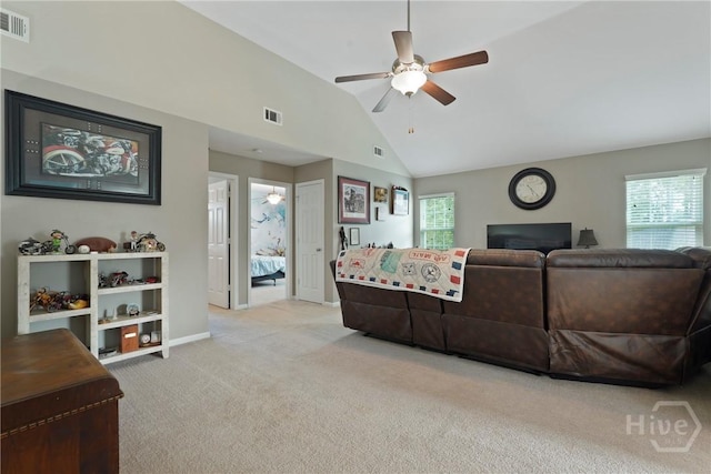 227 Chippingwood Cir, Pooler, GA 31322 - living area featuring a ceiling fan, carpet floors, plenty of natural light, and high vaulted ceiling