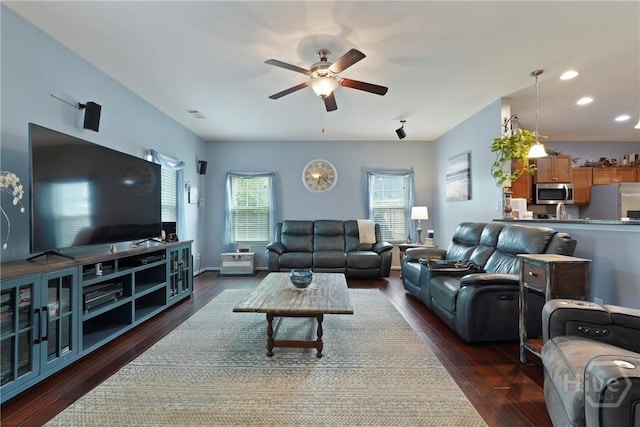 227 Chippingwood Cir, Pooler, GA 31322 - living area featuring ceiling fan, dark wood-type flooring, and recessed lighting