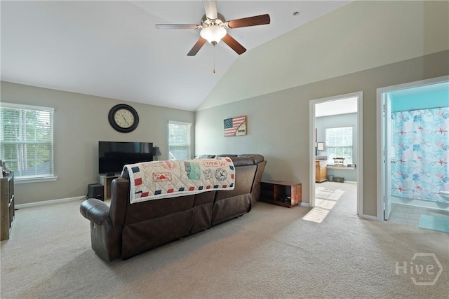 227 Chippingwood Cir, Pooler, GA 31322 - carpeted living room featuring ceiling fan and vaulted ceiling