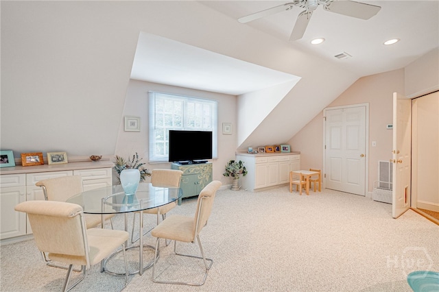 24 Islanders Retreat Retreat, Savannah, GA 31411 - dining room featuring recessed lighting, light carpet, a ceiling fan, and lofted ceiling