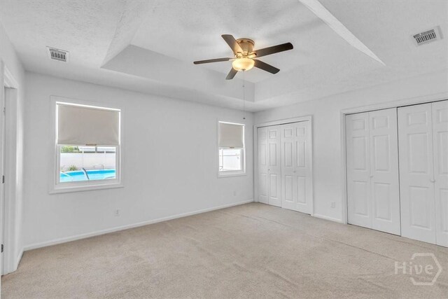 237 Robinson Loop, Richmond Hill, GA 31324 - unfurnished bedroom featuring a raised ceiling, multiple closets, multiple windows, and light carpet