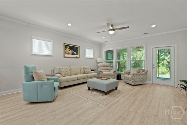 137 Harvest Hl, Pooler, GA 31322 - living area with ornamental molding, a ceiling fan, plenty of natural light, wood finished floors, and recessed lighting