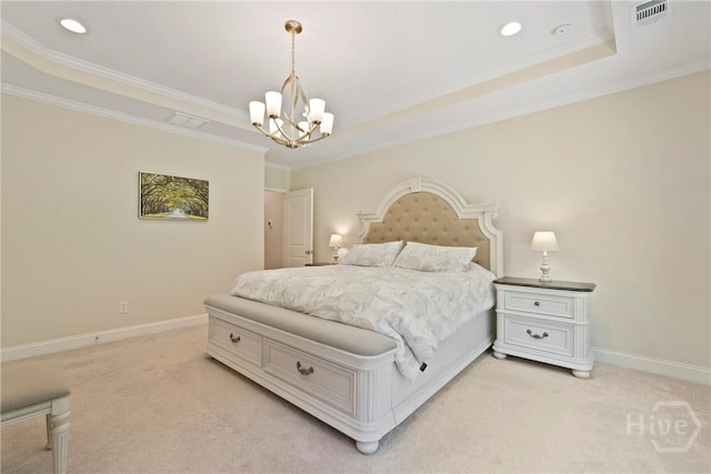 137 Harvest Hl, Pooler, GA 31322 - bedroom with a raised ceiling, a chandelier, light colored carpet, crown molding, and recessed lighting