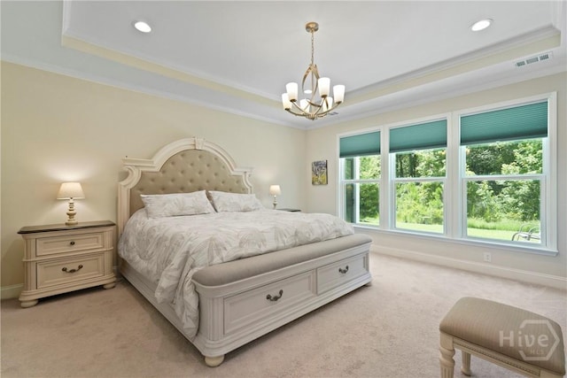 137 Harvest Hl, Pooler, GA 31322 - bedroom with a raised ceiling, crown molding, a chandelier, light colored carpet, and recessed lighting