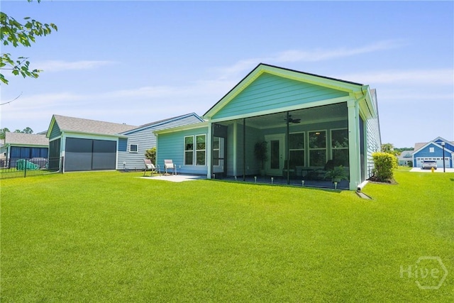 137 Harvest Hl, Pooler, GA 31322 - back of house with a sunroom, a ceiling fan, and a patio