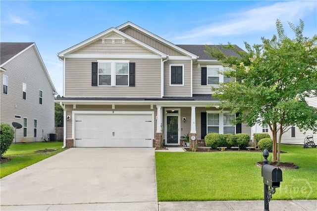 9 Melody Dr, Pooler, GA 31322 - craftsman inspired home featuring a porch, concrete driveway, a front lawn, and a garage