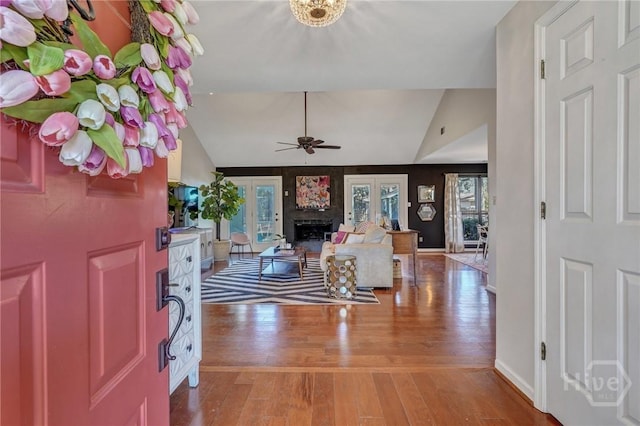 102 Phyllis Dr, Savannah, GA 31419 - entryway with a fireplace, wood finished floors, a ceiling fan, and lofted ceiling