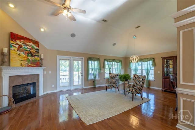 9 Sweetwater Ct, Savannah, GA 31419 - dining area with wood finished floors, ceiling fan, a premium fireplace, high vaulted ceiling, and recessed lighting