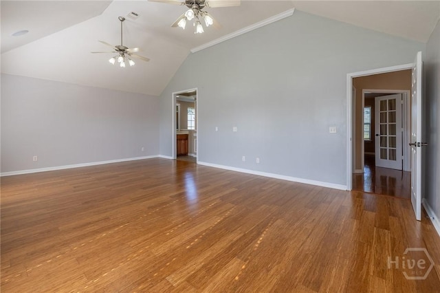 9 Sweetwater Ct, Savannah, GA 31419 - unfurnished living room with a ceiling fan, wood finished floors, and high vaulted ceiling