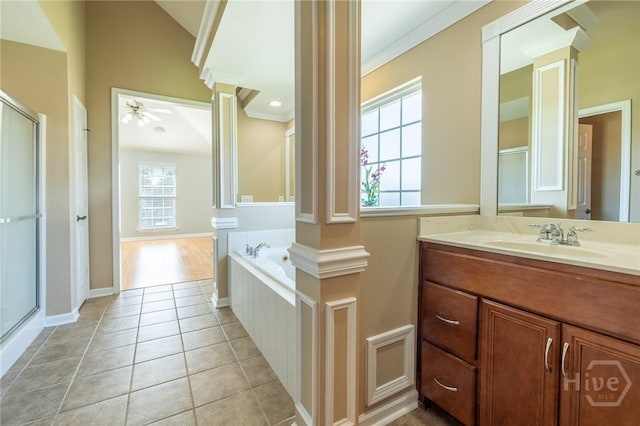 9 Sweetwater Ct, Savannah, GA 31419 - full bath with ornate columns, vanity, tile patterned floors, a garden tub, and ceiling fan