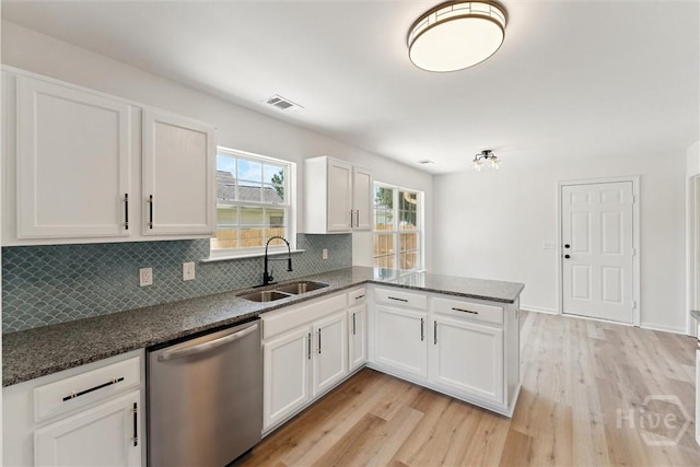 413 Roberts Way, Rincon, GA 31326 - kitchen featuring stainless steel dishwasher, light wood-type flooring, tasteful backsplash, white cabinets, and a peninsula