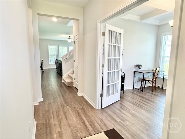 134 Melody Dr, Pooler, GA 31322 - hallway with wood finished floors, beam ceiling, and stairway