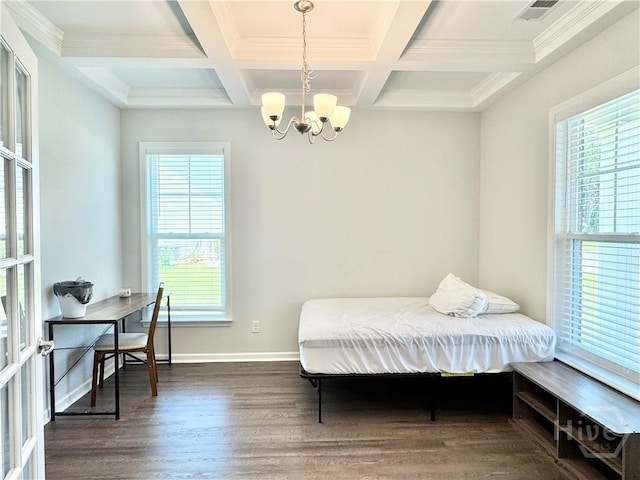 134 Melody Dr, Pooler, GA 31322 - bedroom featuring a chandelier, wood finished floors, beam ceiling, coffered ceiling, and ornamental molding