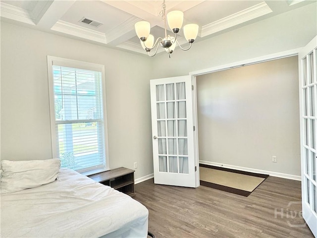 134 Melody Dr, Pooler, GA 31322 - bedroom with a chandelier, coffered ceiling, wood finished floors, ornamental molding, and beamed ceiling