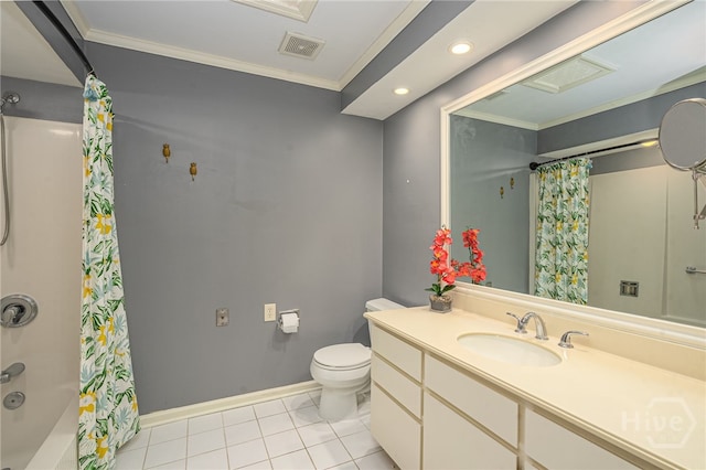 9 Bowline Ct, Savannah, GA 31411 - bathroom with vanity, shower / bathtub combination with curtain, ornamental molding, tile patterned flooring, and recessed lighting
