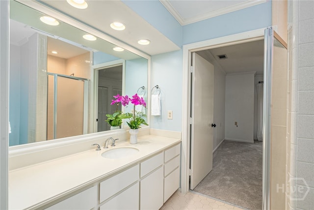 9 Bowline Ct, Savannah, GA 31411 - full bathroom featuring crown molding, vanity, a stall shower, recessed lighting, and tile patterned floors
