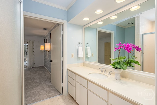 9 Bowline Ct, Savannah, GA 31411 - bathroom with vanity, ornamental molding, tile patterned flooring, and recessed lighting