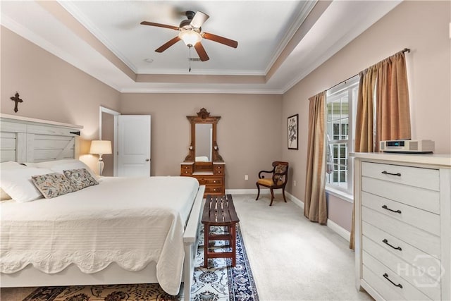 287 Sandpiper Rd, Midway, GA 31320 - bedroom with a tray ceiling, crown molding, light colored carpet, and ceiling fan