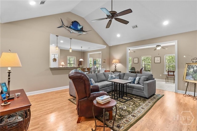 287 Sandpiper Rd, Midway, GA 31320 - living area featuring ceiling fan, light wood-style flooring, recessed lighting, and high vaulted ceiling