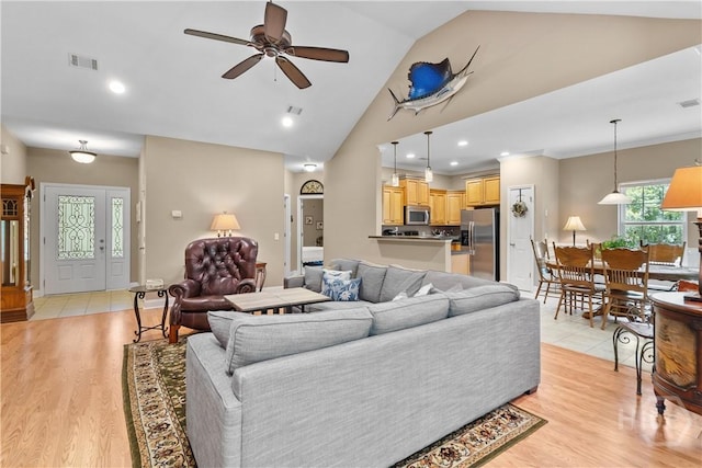 287 Sandpiper Rd, Midway, GA 31320 - living area featuring a ceiling fan, light wood-style flooring, recessed lighting, and high vaulted ceiling