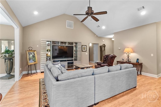 287 Sandpiper Rd, Midway, GA 31320 - living area with ceiling fan, light wood-style flooring, and high vaulted ceiling