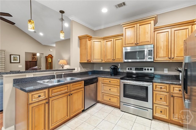 287 Sandpiper Rd, Midway, GA 31320 - kitchen featuring appliances with stainless steel finishes, a peninsula, hanging light fixtures, light tile patterned flooring, and a ceiling fan