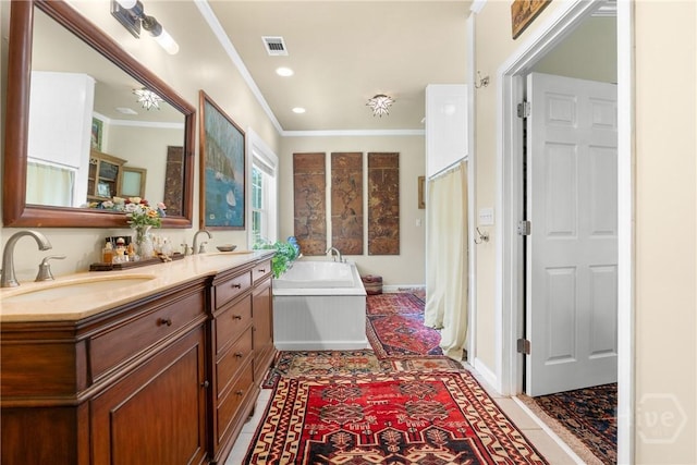 2441 Bovine Rd, Sylvania, GA 30467 - full bath featuring ornamental molding, a bath, double vanity, curtained shower, and recessed lighting
