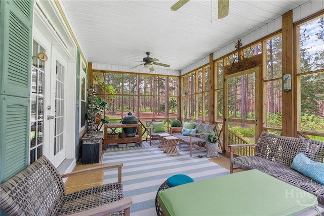2441 Bovine Rd, Sylvania, GA 30467 - sunroom / solarium with french doors, a ceiling fan, and an outdoor living space