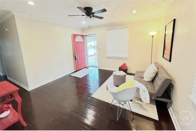 2210 Mosley St, Savannah, GA 31404 - living room with wood finished floors, a ceiling fan, ornamental molding, and recessed lighting