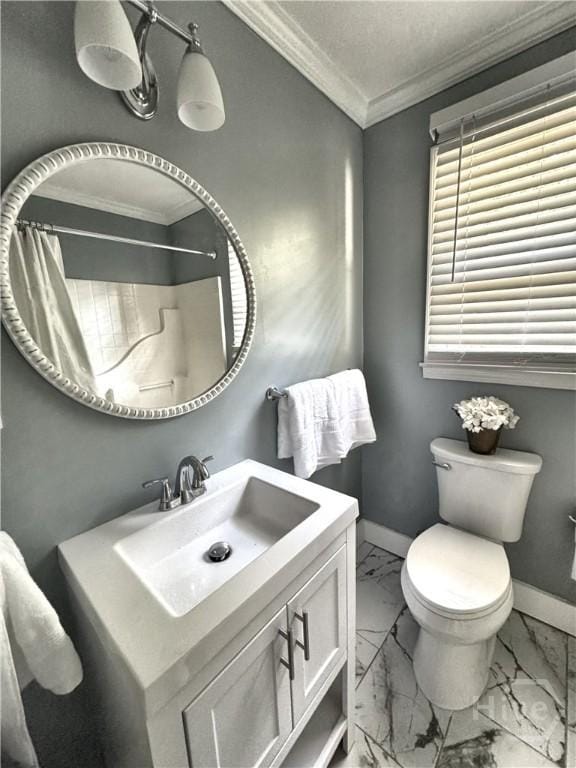 2210 Mosley St, Savannah, GA 31404 - full bath with crown molding, marble look tiles, vanity, and a shower with curtain