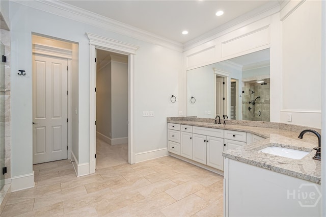 83 Waterway Dr, Savannah, GA 31411 - full bathroom featuring a shower stall, two vanities, crown molding, and recessed lighting