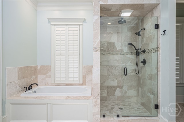 83 Waterway Dr, Savannah, GA 31411 - bathroom with a bath, crown molding, and a stall shower