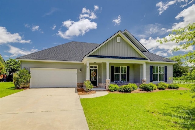 106 Cobbleton Dr, Rincon, GA 31326 - craftsman-style home featuring board and batten siding, a garage, a front yard, and covered porch