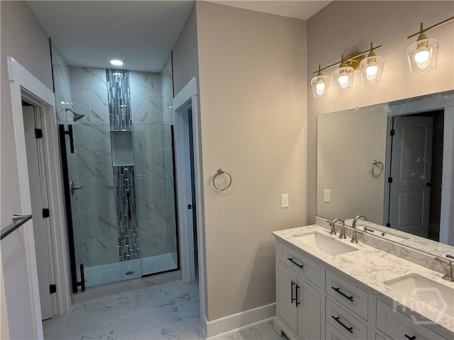 2310 Coakley St, Savannah, GA 31404 - bathroom with marble look tile flooring, a marble finish shower, and double vanity