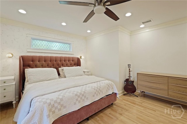 209 E 66th St, Savannah, GA 31405 - bedroom with crown molding, light wood-type flooring, ceiling fan, and recessed lighting