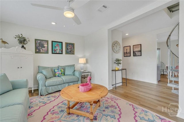 13 Izlar Ave, Tybee Island, GA 31328 - living room with a ceiling fan, light wood-style floors, and recessed lighting