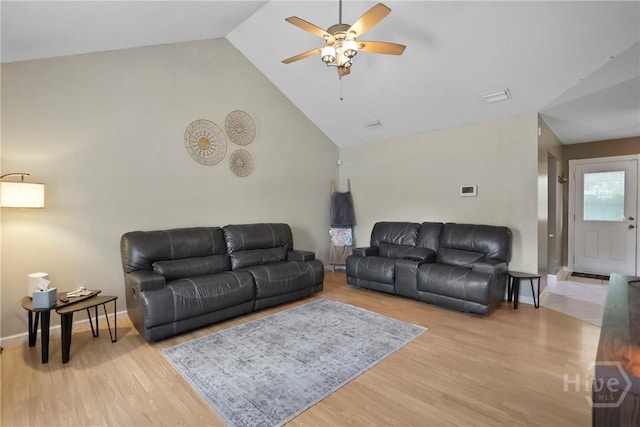340 Hunters Branch Dr, Allenhurst, GA 31301 - living room featuring a ceiling fan, wood finished floors, and high vaulted ceiling