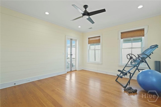 3 Palmwood Ct, Tybee Island, GA 31328 - workout area featuring a ceiling fan, wood finished floors, crown molding, and recessed lighting
