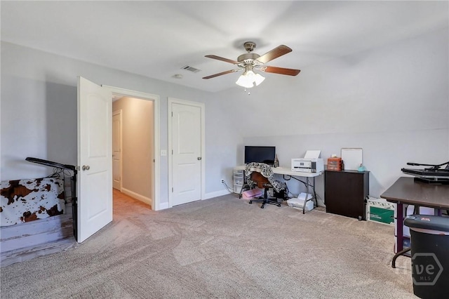243 Forest St NE, Ludowici, GA 31316 - carpeted home office featuring a ceiling fan and lofted ceiling
